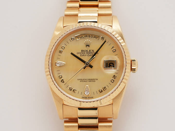 ロレックス デイデイト36 Ref.18238N2BR イエローゴールド イエローシェルx2Pティアドロップダイヤ文字盤