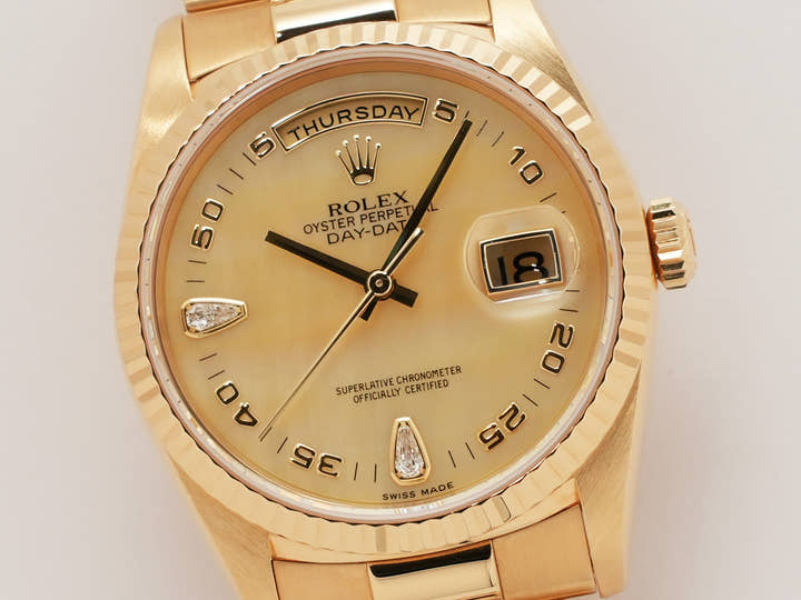 ロレックス デイデイト36 Ref.18238N2BR イエローゴールド イエローシェルx2Pティアドロップダイヤ文字盤