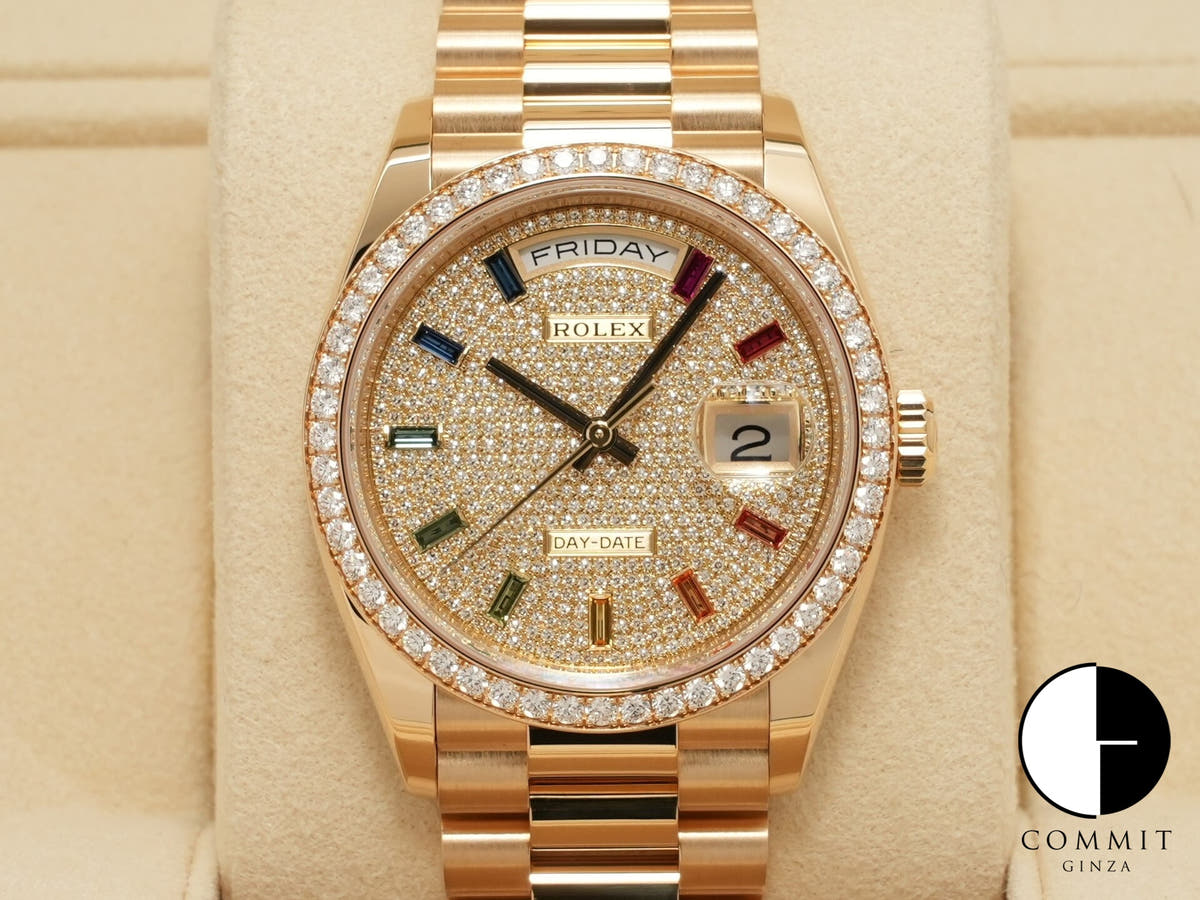 ロレックス デイデイト36 Ref.128348RBR イエローゴールド パヴェダイヤxレインボーサファイア文字盤