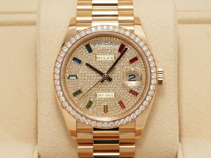 ロレックス デイデイト36 Ref.128348RBR イエローゴールド パヴェダイヤxレインボーサファイア文字盤