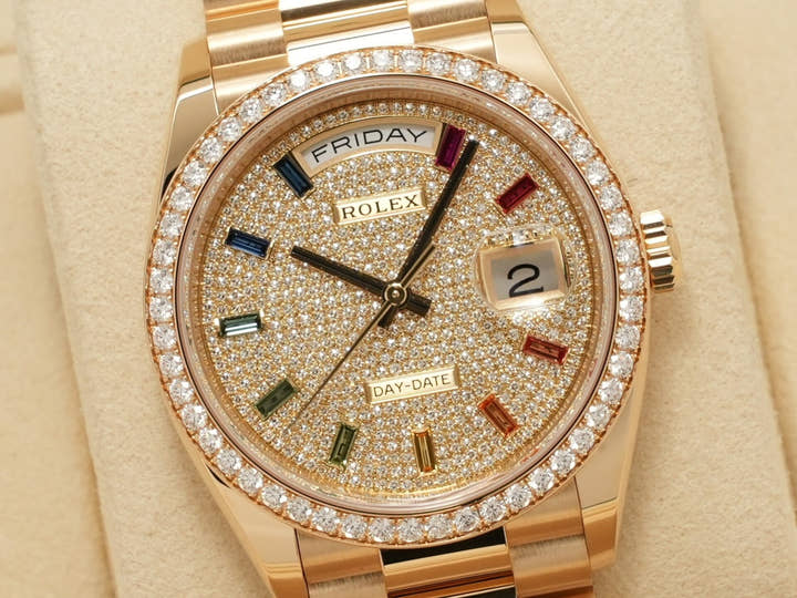 ロレックス デイデイト36 Ref.128348RBR イエローゴールド パヴェダイヤxレインボーサファイア文字盤