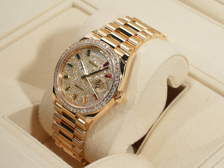 ロレックス デイデイト36 Ref.128348RBR イエローゴールド パヴェダイヤxレインボーサファイア文字盤