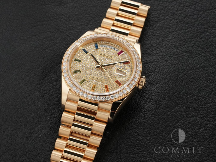 ロレックス デイデイト36 Ref.128348RBR イエローゴールド パヴェダイヤxレインボーサファイア文字盤