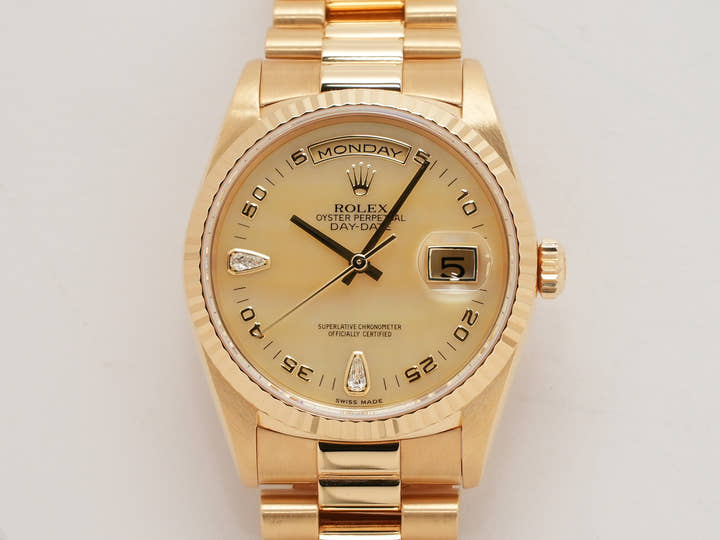 ロレックス デイデイト36 Ref.18238N2BR イエローゴールド イエローシェルx2Pティアドロップダイヤ文字盤