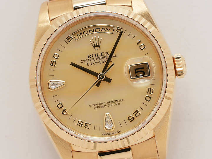ロレックス デイデイト36 Ref.18238N2BR イエローゴールド イエローシェルx2Pティアドロップダイヤ文字盤