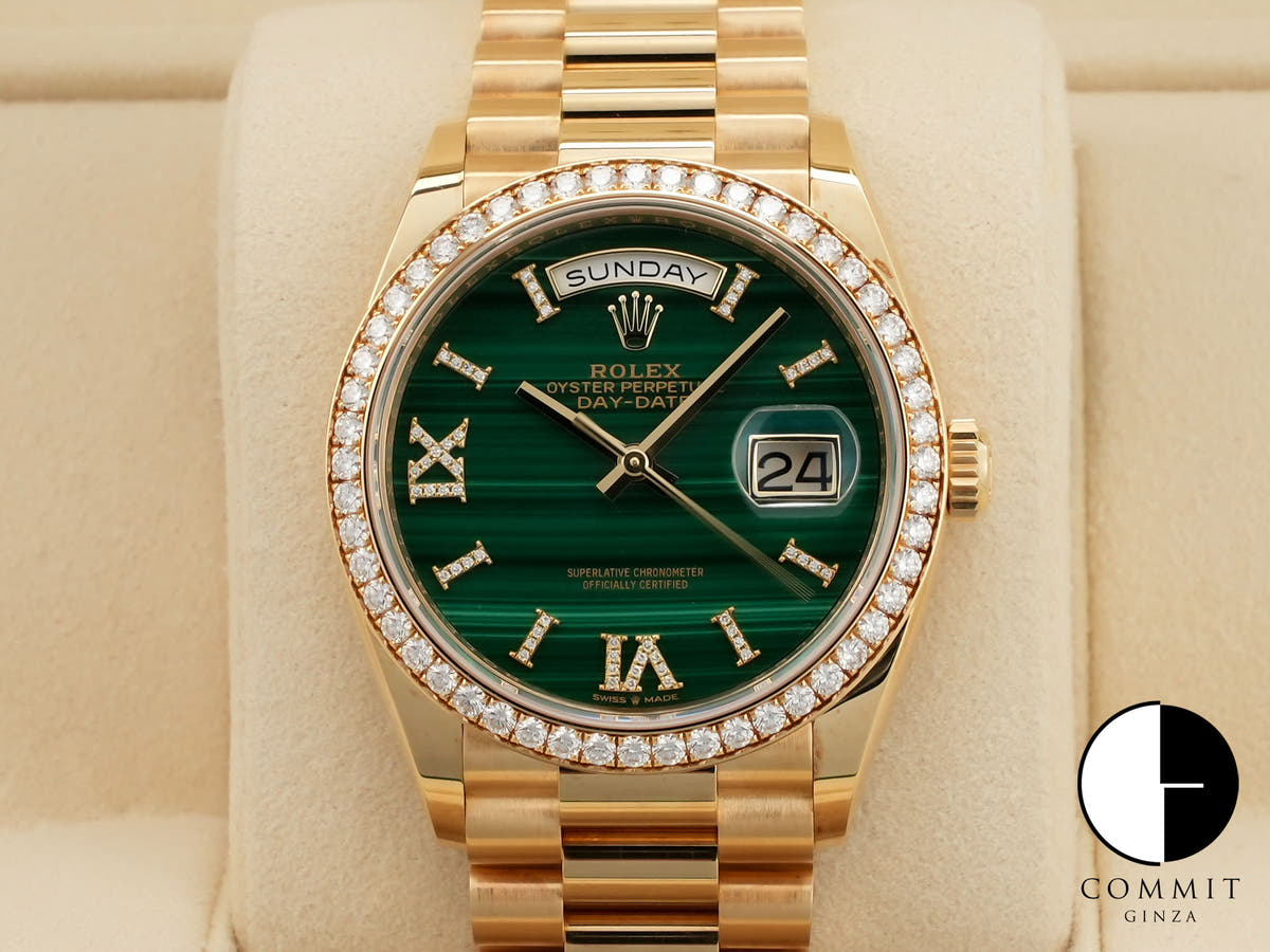 ロレックス デイデイト36 Ref.128348RBR イエローゴールド マラカイト文字盤