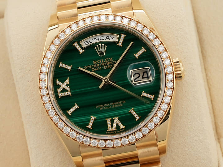 ロレックス デイデイト36 Ref.128348RBR イエローゴールド マラカイト文字盤