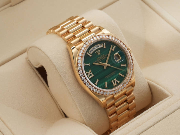 ロレックス デイデイト36 Ref.128348RBR イエローゴールド マラカイト文字盤