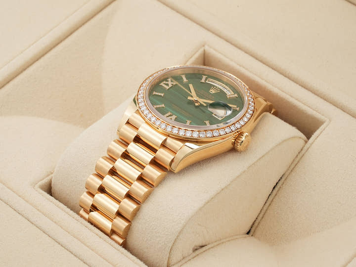 ロレックス デイデイト36 Ref.128348RBR イエローゴールド マラカイト文字盤