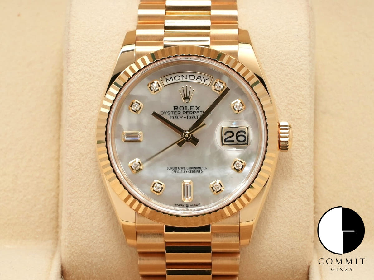 ロレックス デイデイト36 Ref.128238 イエローゴールド ホワイトシェルx10Pダイヤ文字盤