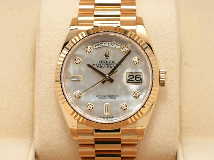 ロレックス デイデイト36 Ref.128238 イエローゴールド ホワイトシェルx10Pダイヤ文字盤