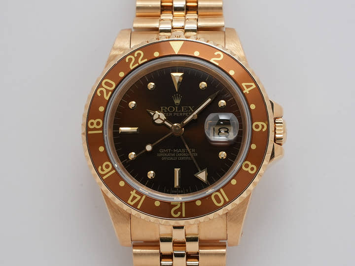 ロレックス GMTマスター Ref.16758 イエローゴールド ブラウン文字盤 ジュビリーブレスレット