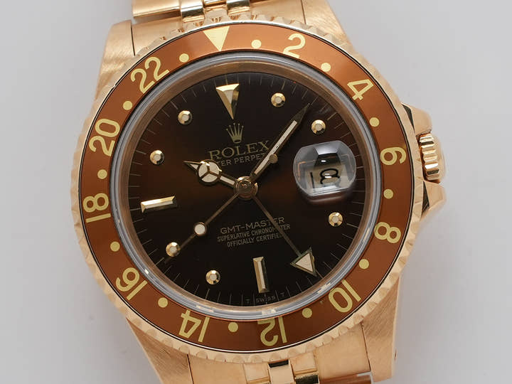 ロレックス GMTマスター Ref.16758 イエローゴールド ブラウン文字盤 ジュビリーブレスレット