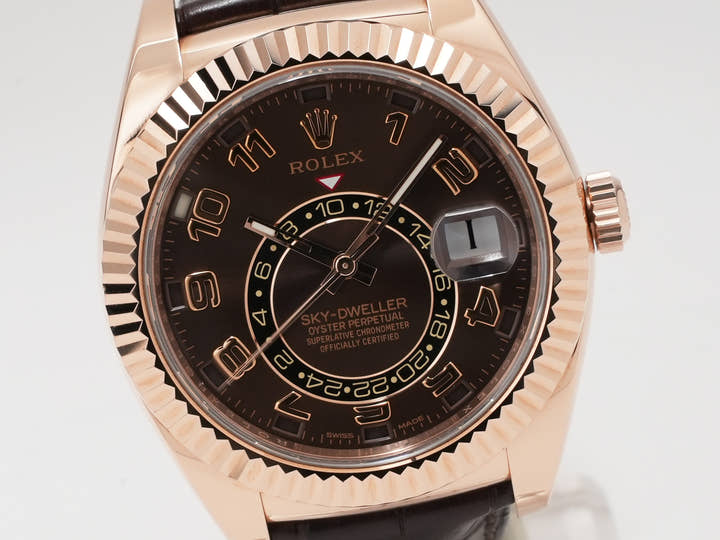 ロレックス スカイドゥエラー Ref.326135 エバーローズゴールド チョコレート文字盤 革ベルト 中古 3yhofqrz