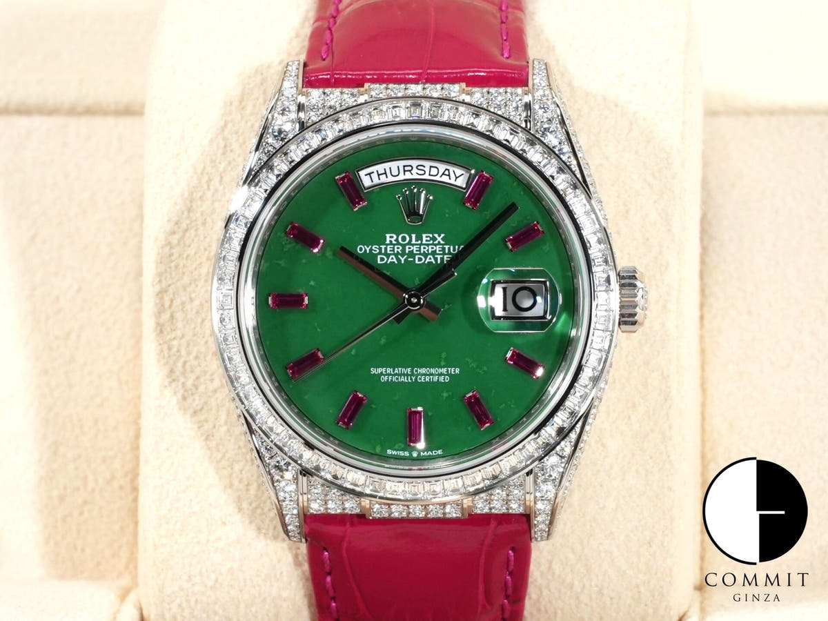 Rolex Day-Date 36 Ref. 128459TBR White Gold Polar Jade Dial with 10 Ruby Markers