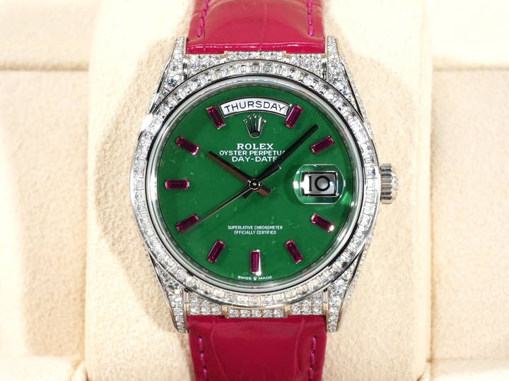 Rolex Day-Date 36 Ref. 128459TBR White Gold Polar Jade Dial with 10 Ruby Markers