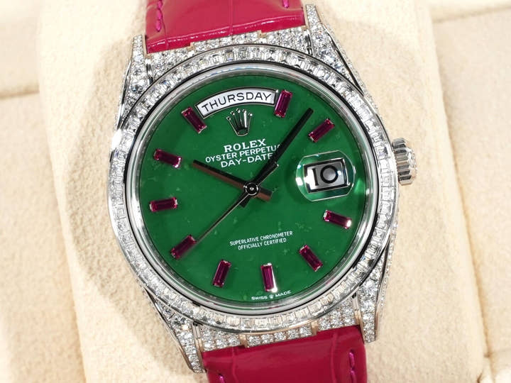 Rolex Day-Date 36 Ref. 128459TBR White Gold Polar Jade Dial with 10 Ruby Markers