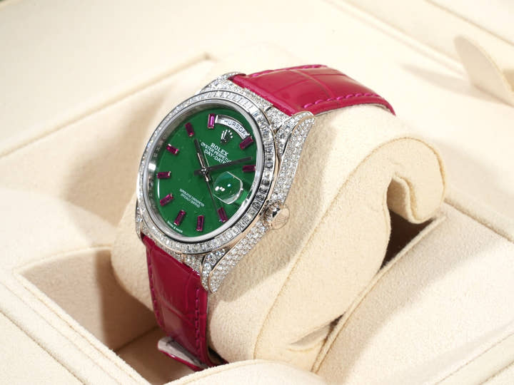 Rolex Day-Date 36 Ref. 128459TBR White Gold Polar Jade Dial with 10 Ruby Markers