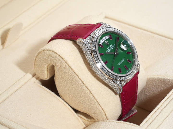 Rolex Day-Date 36 Ref. 128459TBR White Gold Polar Jade Dial with 10 Ruby Markers