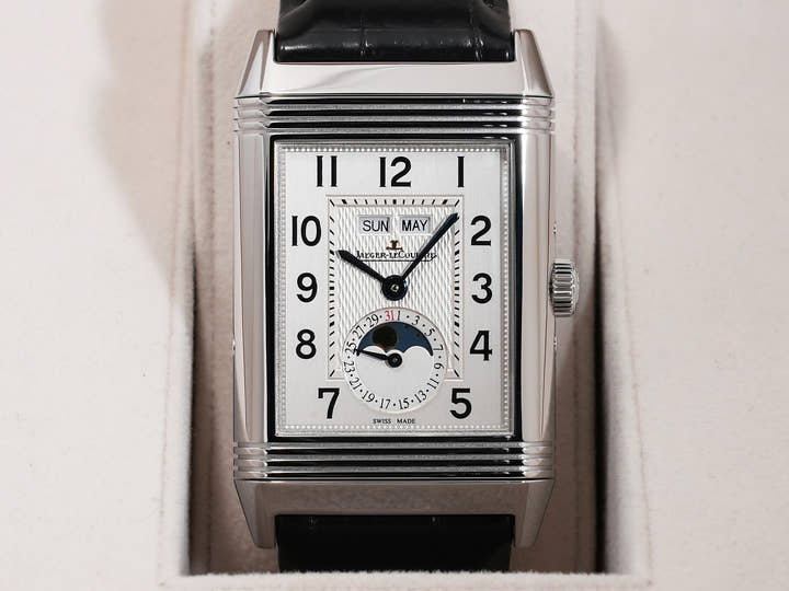 ジャガールクルト グランドレベルソ カレンダー Ref.Q3758420 SS シルバー文字盤 美品 fktks9np