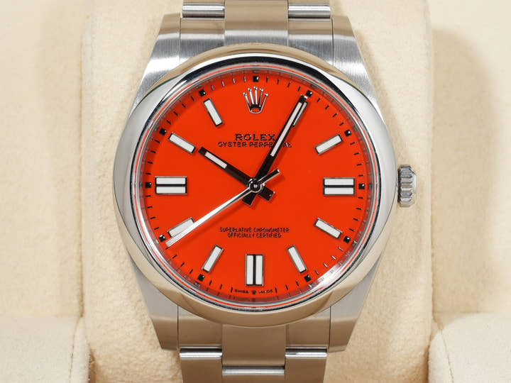 ロレックス オイスターパーペチュアル41 Ref.124300 ステンレススチール コーラルレッド文字盤 中古 biauxx9a