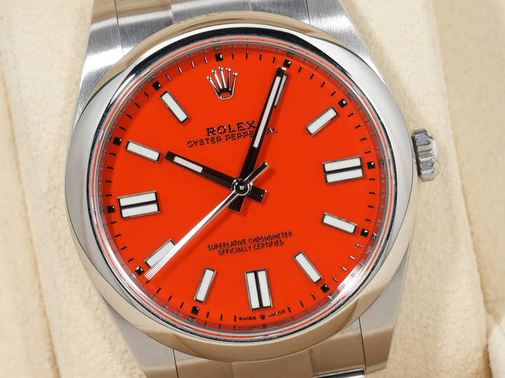 ロレックス オイスターパーペチュアル41 Ref.124300 ステンレススチール コーラルレッド文字盤 中古 biauxx9a