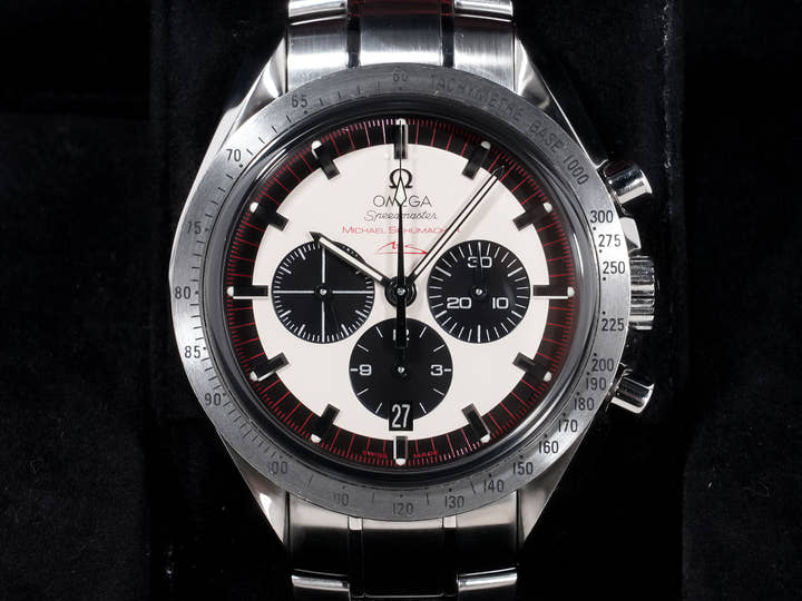 オメガ スピードマスター シューマッハ レジェンド Ref.3853.32 SS アイボリー×ブラック文字盤 中古 ovicbsgu