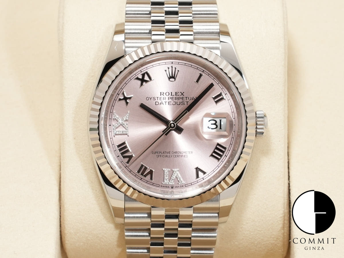 ロレックス デイトジャスト36 Ref.126234 ステンレススチール/ホワイトゴールド ダイヤモンド入りピンク文字盤 ジュビリーブレスレット