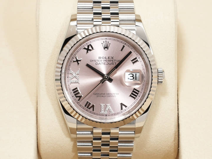 ロレックス デイトジャスト36 Ref.126234 ステンレススチール/ホワイトゴールド ダイヤモンド入りピンク文字盤 ジュビリーブレスレット