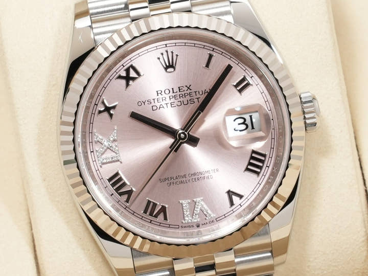 ロレックス デイトジャスト36 Ref.126234 ステンレススチール/ホワイトゴールド ダイヤモンド入りピンク文字盤 ジュビリーブレスレット