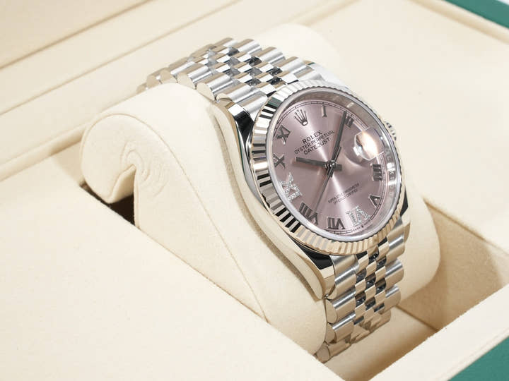 ロレックス デイトジャスト36 Ref.126234 ステンレススチール/ホワイトゴールド ダイヤモンド入りピンク文字盤 ジュビリーブレスレット