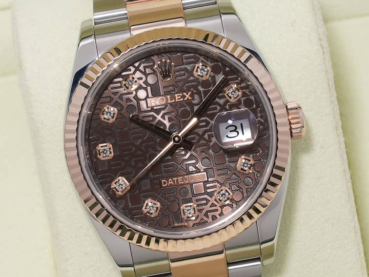 ロレックス デイトジャスト36 Ref.126231 ステンレススチール/エバーローズゴールド チョコレートxホリコンピューター文字盤 オイスターブレスレット 美品 9e9fohg3