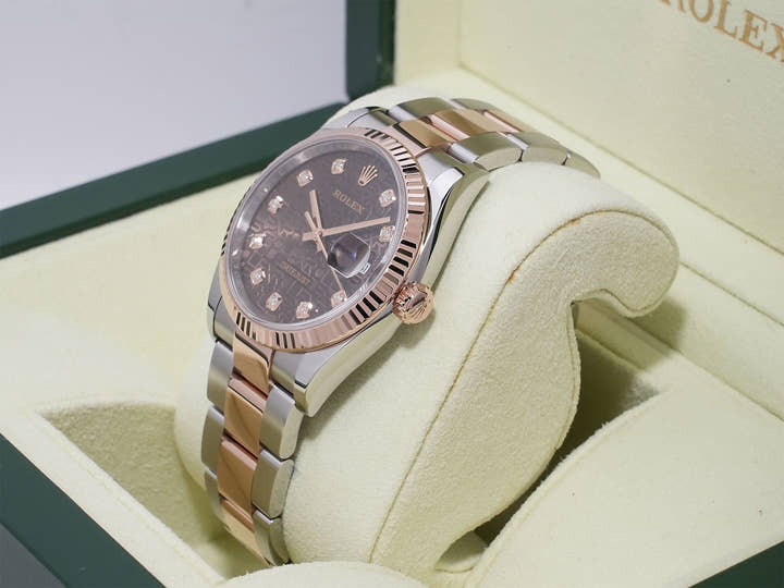 ロレックス デイトジャスト36 Ref.126231 ステンレススチール/エバーローズゴールド チョコレートxホリコンピューター文字盤 オイスターブレスレット 美品 9e9fohg3