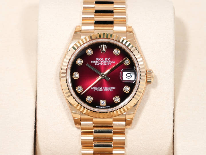 Rolex Datejust 31 Ref. 278278 Yellow Gold Red Ombre x 10 Diamond Dial President Bracelet Unused k8mesgdg