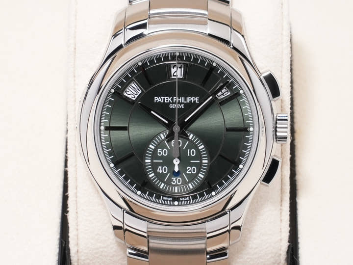 パテックフィリップ アニュアルカレンダー クロノグラフ Ref.5905/1A-001 ステンレススチール オリーブグリーン ソレイユ文字盤 未使用 7vy5wqaa