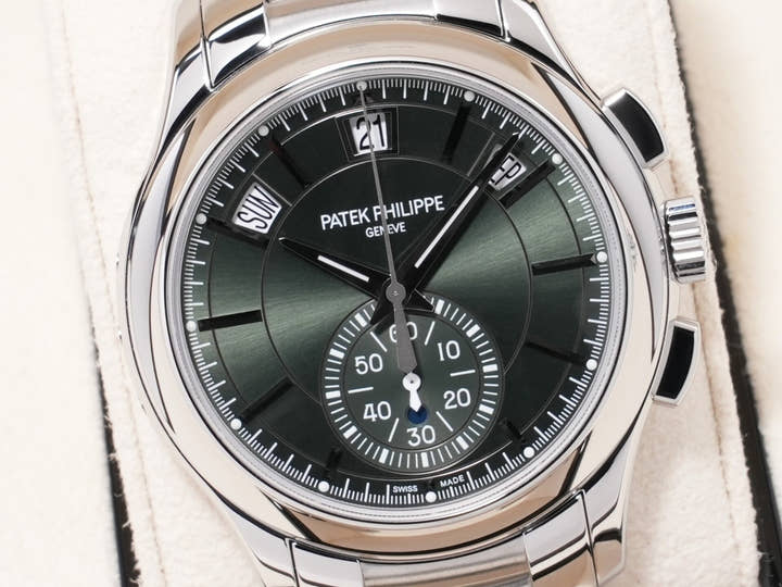 パテックフィリップ アニュアルカレンダー クロノグラフ Ref.5905/1A-001 ステンレススチール オリーブグリーン ソレイユ文字盤 未使用 7vy5wqaa