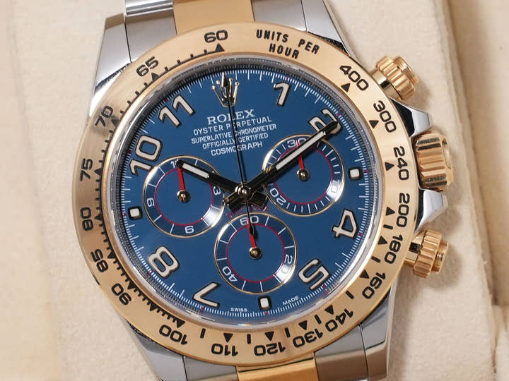 ロレックス デイトナ Ref.116503 ステンレススチール/イエローゴールド ブルーアラビア文字盤 中古 n3e3rq2w