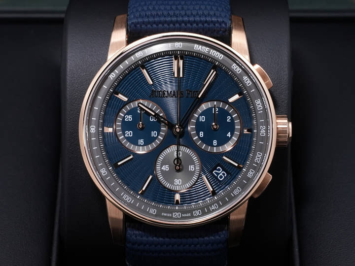 オーデマピゲ CODE 11.59 バイ オーデマ ピゲ クロノグラフ Ref.26393OR.OO.A348KB.01 ピンクゴールド ナイトブルー文字盤 美品 gejn6smp