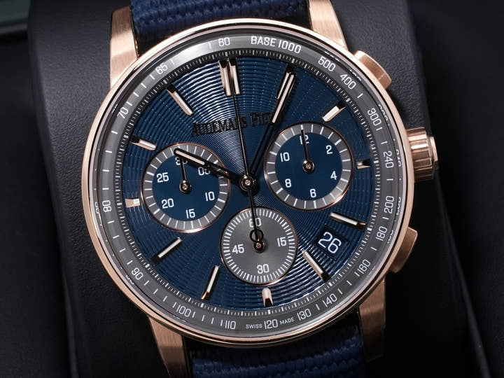 オーデマピゲ CODE 11.59 バイ オーデマ ピゲ クロノグラフ Ref.26393OR.OO.A348KB.01 ピンクゴールド ナイトブルー文字盤 美品 gejn6smp