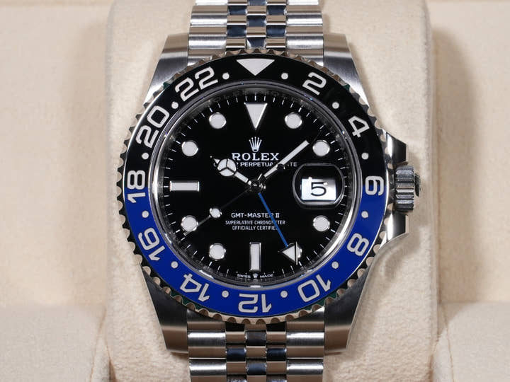 Rolex GMT-Master II Ref. 126710BLNR, stainless steel, black dial, Jubilee bracelet, pre-owned (used but in good condition).