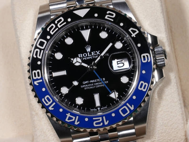 Rolex GMT-Master II Ref. 126710BLNR, stainless steel, black dial, Jubilee bracelet, pre-owned (used but in good condition).