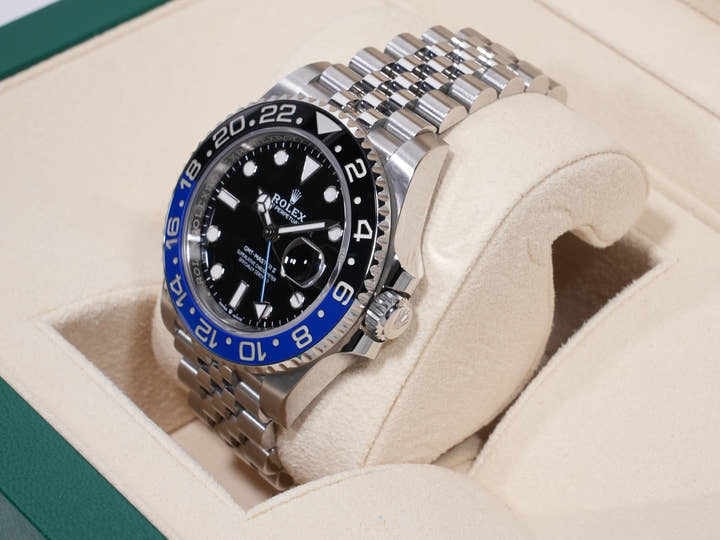 Rolex GMT-Master II Ref. 126710BLNR, stainless steel, black dial, Jubilee bracelet, pre-owned (used but in good condition).
