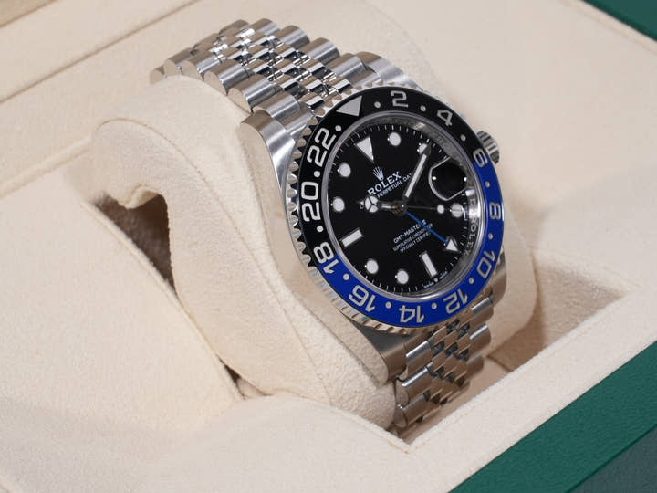 Rolex GMT-Master II Ref. 126710BLNR, stainless steel, black dial, Jubilee bracelet, pre-owned (used but in good condition).
