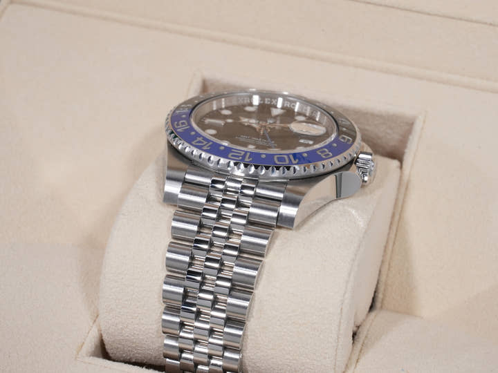 Rolex GMT-Master II Ref. 126710BLNR, stainless steel, black dial, Jubilee bracelet, pre-owned (used but in good condition).