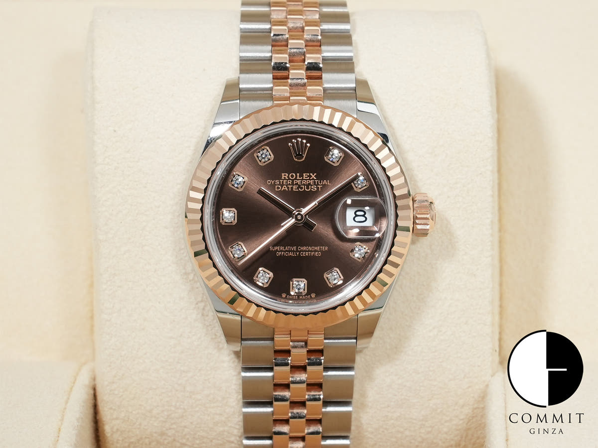ロレックス デイトジャスト28 Ref.279171 ステンレススチール/エバーローズゴールド チョコレートx10Pダイヤ文字盤 ジュビリーブレスレット 中古 sqguks5h