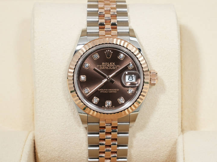 ロレックス デイトジャスト28 Ref.279171 ステンレススチール/エバーローズゴールド チョコレートx10Pダイヤ文字盤 ジュビリーブレスレット 中古 sqguks5h