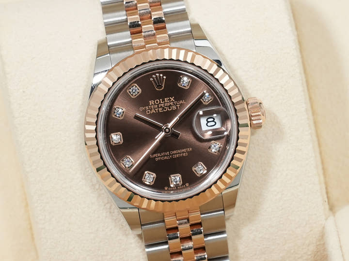 ロレックス デイトジャスト28 Ref.279171 ステンレススチール/エバーローズゴールド チョコレートx10Pダイヤ文字盤 ジュビリーブレスレット 中古 sqguks5h