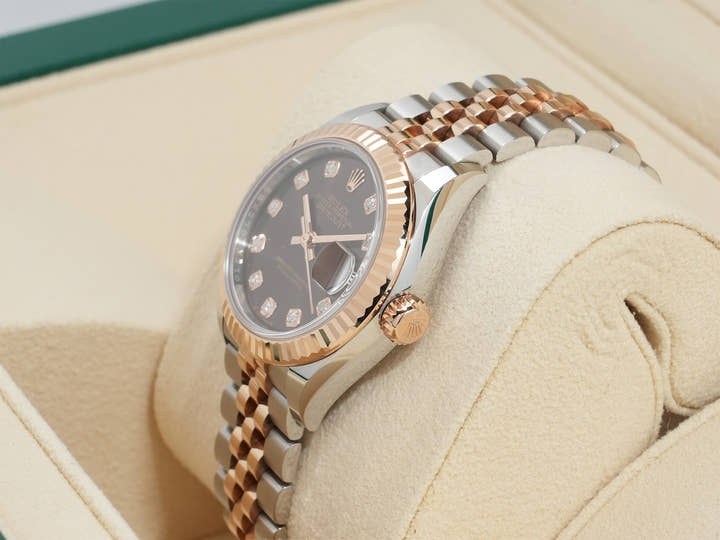 ロレックス デイトジャスト28 Ref.279171 ステンレススチール/エバーローズゴールド チョコレートx10Pダイヤ文字盤 ジュビリーブレスレット 中古 sqguks5h