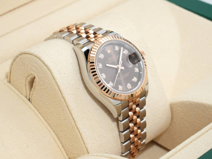 ロレックス デイトジャスト28 Ref.279171 ステンレススチール/エバーローズゴールド チョコレートx10Pダイヤ文字盤 ジュビリーブレスレット 中古 sqguks5h