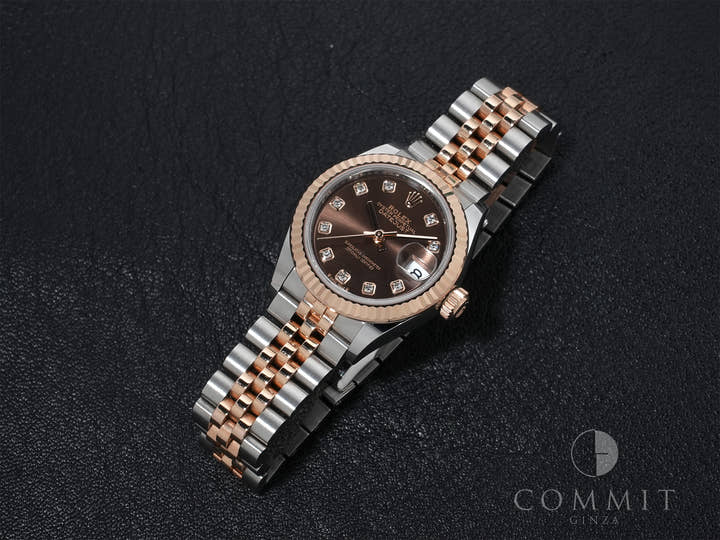 ロレックス デイトジャスト28 Ref.279171 ステンレススチール/エバーローズゴールド チョコレートx10Pダイヤ文字盤 ジュビリーブレスレット 中古 sqguks5h